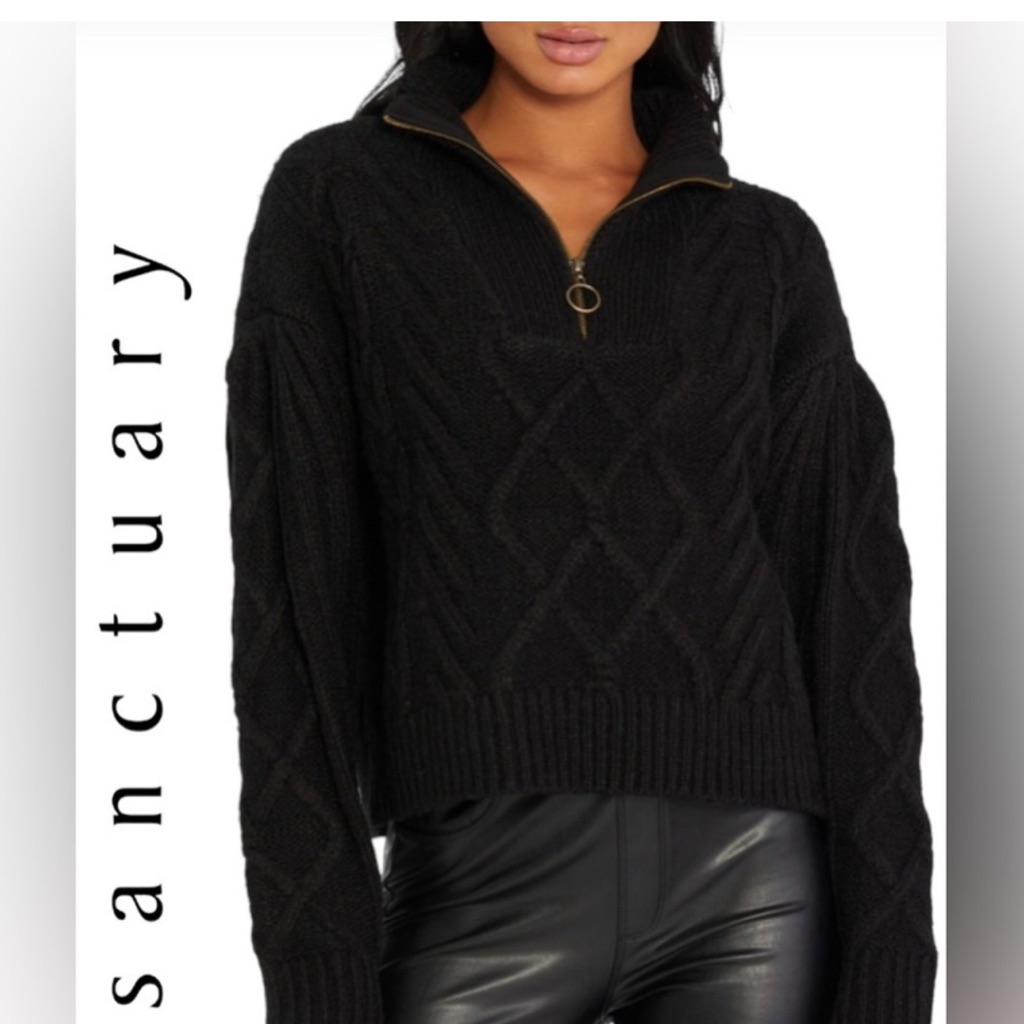 Sanctuary Black Cableknit Cropped 1/4 Zip Sweater. Size Large